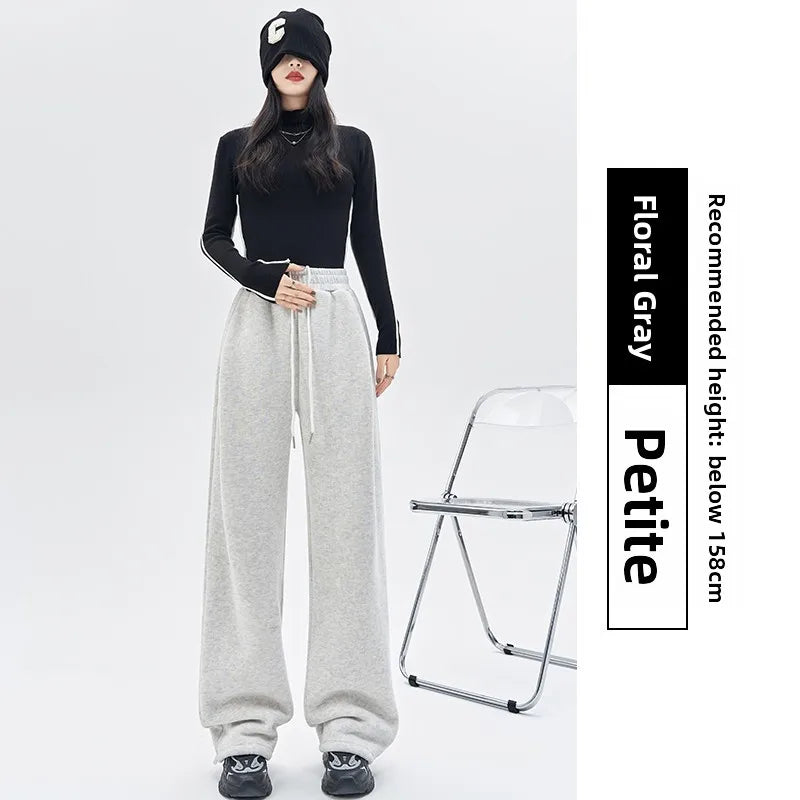 Gray Lamb Velvet Sport Pants Women's High Waist Drapey Fleece Wide Leg Casual Small Size Thickened Cotton Pants