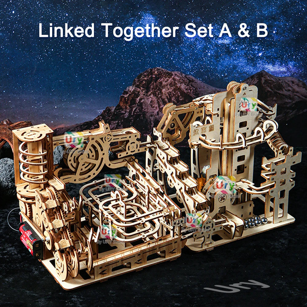 Ury 3D Wooden Puzzles Electric Catapult Track Device Marble Run Set Mechanical Model Science Maze 7 Balls Assembly Gift
