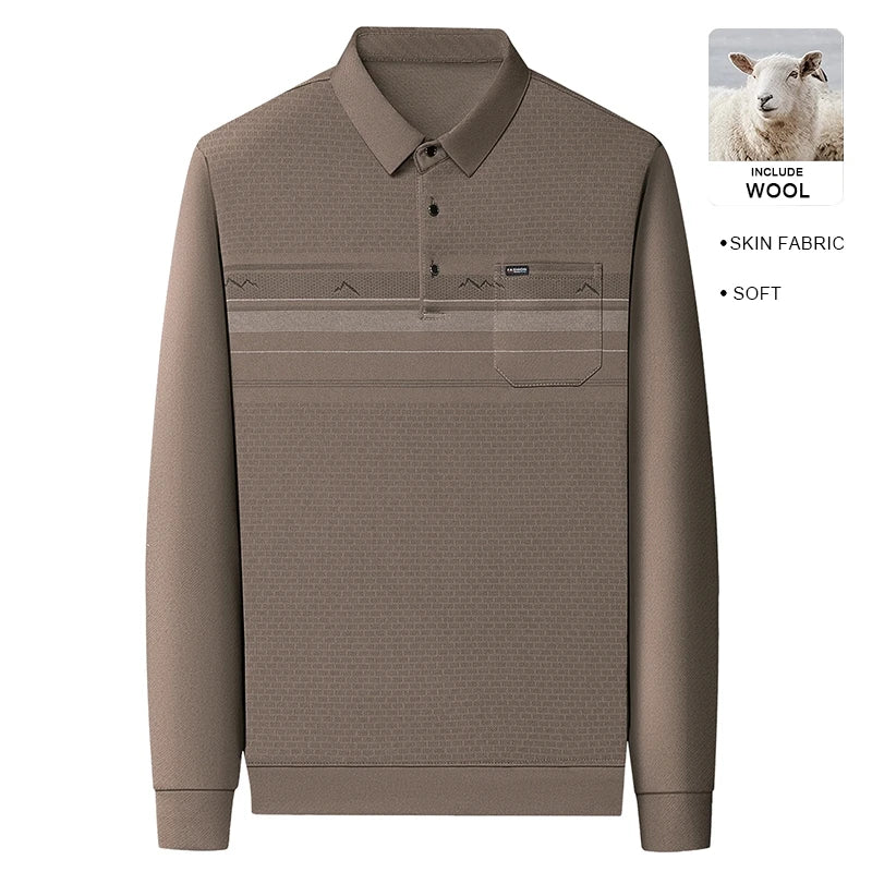 Luxury Wool Blend Fabric Men's Long Sleeve Polo Soft Touch For Father Years Classic Business Staple With Utility Focus