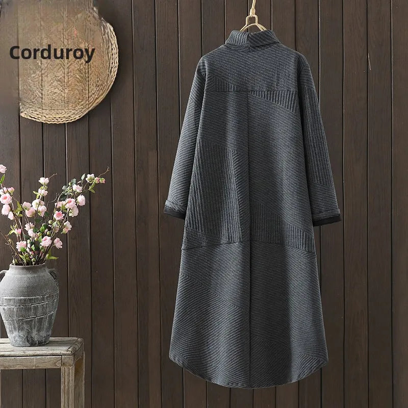 Retro Artistic High Collar Long Sleeve Midi Dress Loose Fit Autumn Winter plus Size  Color Commute Style Korean Fashion