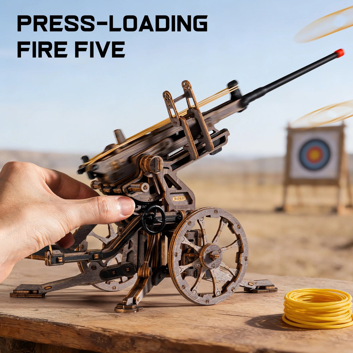 ROKR Anti-aircraft Gun Wooden 3D Puzzle Mechanical Rubber Band Shooting Model Building Kit 133-Piece Puzzle Toys for Desktop Decor Gift for Adults Kids