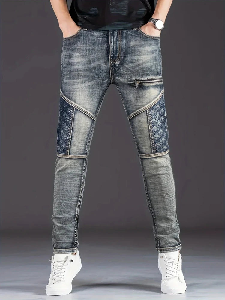 Streetwear Men's Motorcycle Jeans Stretch Nostalgic Fashion Casual Denim Trousers Slim Straight Patchwork Washed Cowboy Pants