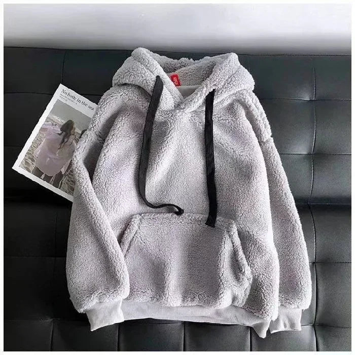 Imitation Lambskin Hoodie Winter Simple Couple Long-Sleeved Hoodie Wear for Both Men and Women Fluffy Thickened Hooded Loose Top