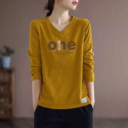Pure Cotton Long Sleeve Women's T-shirt Autumn Season Versatile Base Layer Top Commute Style Loose Fit Regular Thickness