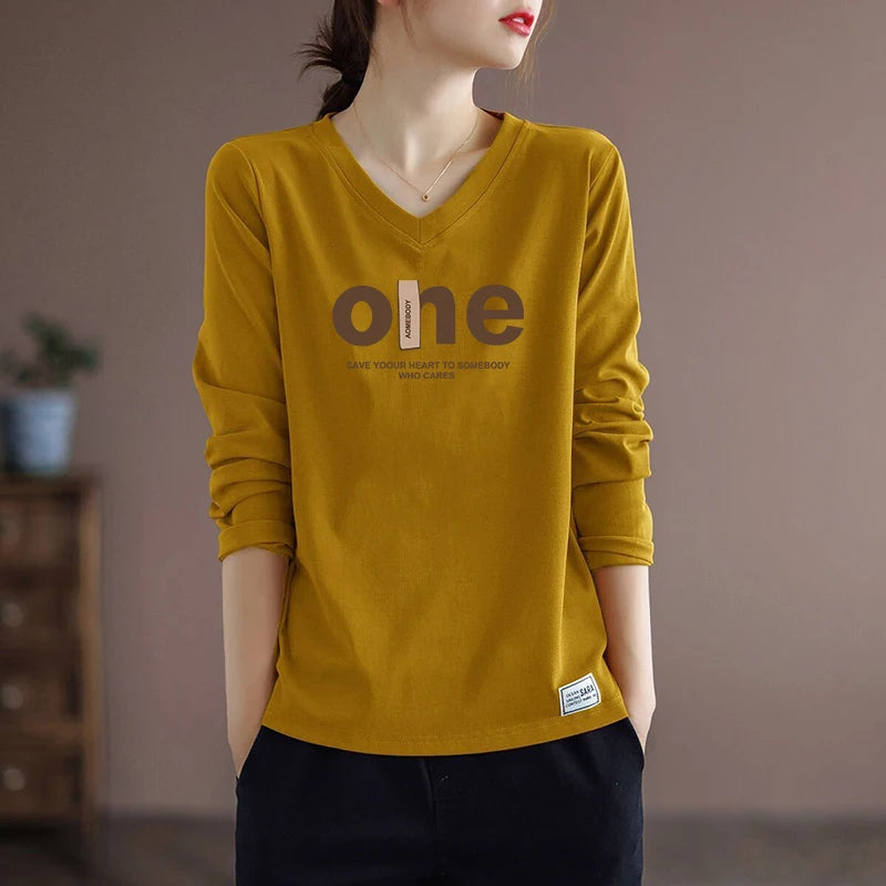 Pure Cotton Long Sleeve Women's T-shirt Autumn Season Versatile Base Layer Top Commute Style Loose Fit Regular Thickness