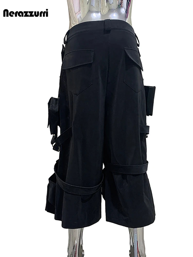 Nerazzurri Summer Matte Black Cargo Calf Length Straight Pants for Men with 3D Pockets High Waist Luxury Designer Emo Clothes