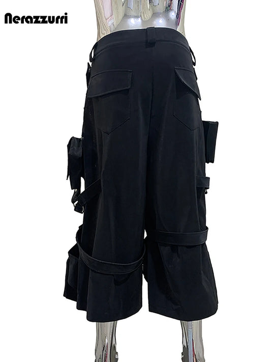 Nerazzurri Summer Matte Black Cargo Calf Length Straight Pants for Men with 3D Pockets High Waist Luxury Designer Emo Clothes