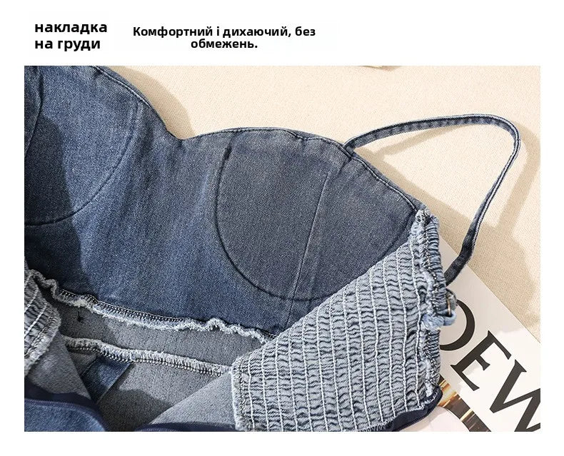 Irregular Halter Neck Denim Crop Top Women Summer Outdoor Wear with Chest Pad Slimming Sexy Girl Shirt Short Length Zipper