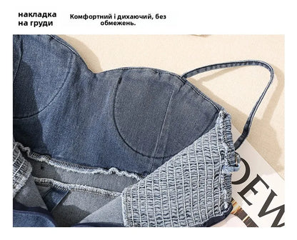 Irregular Halter Neck Denim Crop Top Women Summer Outdoor Wear with Chest Pad Slimming Sexy Girl Shirt Short Length Zipper