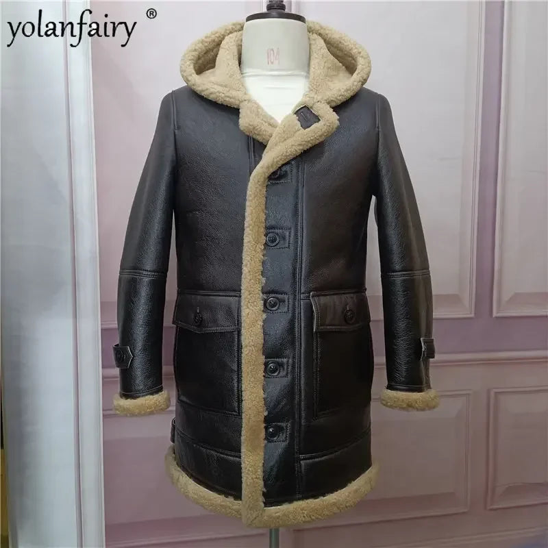 YOLANFAIRY Original Natural Leather Fur Coat Men Long Hooded Sheepskin Real Fur Coat Genuine Leather Jacket Men's Winter Jacket