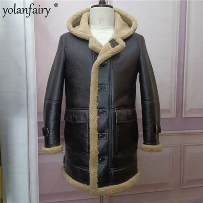 YOLANFAIRY Original Natural Leather Fur Coat Men Long Hooded Sheepskin Real Fur Coat Genuine Leather Jacket Men's Winter Jacket