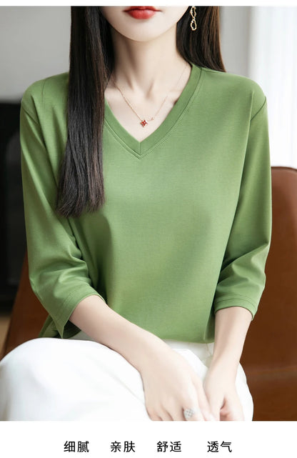 Spring And Summer New White Mercerized Cotton Cropped Sleeve T-shirt Feminine Joker 100% Cotton Bottoming Shirt Half Sleeve