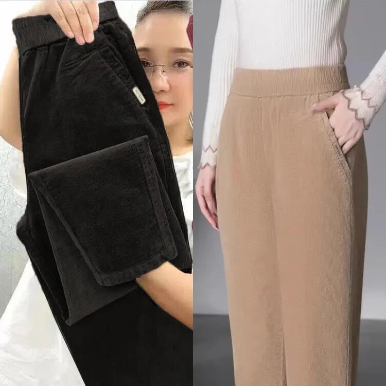 Autumn Winter Thickened Corduroy Casual Harlan Pants for Mom High Waist Loose Fit Straight Leg Casual Outerwear Polyester Fiber