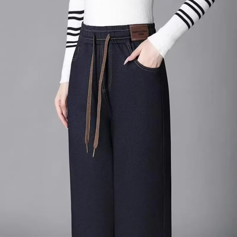 High Waist Thickened Fleece Lined Wide Leg Jeans Women's Casual Straight Cut Trousers Autumn Winter New Style Slimming Effect