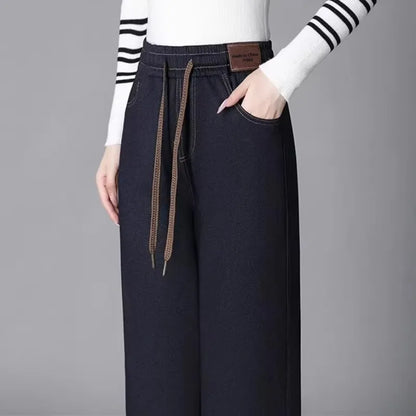 High Waist Thickened Fleece Lined Wide Leg Jeans Women's Casual Straight Cut Trousers Autumn Winter New Style Slimming Effect