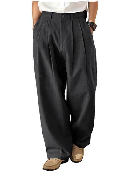 Men's Loose Pleated Wide Leg Pants Breathable Linen Blend Trousers Casual Business Suit Pants Summer Streetwear Daily Wear