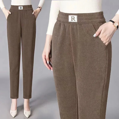 Autumn Winter Thickened Fleece Harlan Pants Women's Loose Casual Straight Leg Pants with Pockets Polyester Fiber Long Trousers
