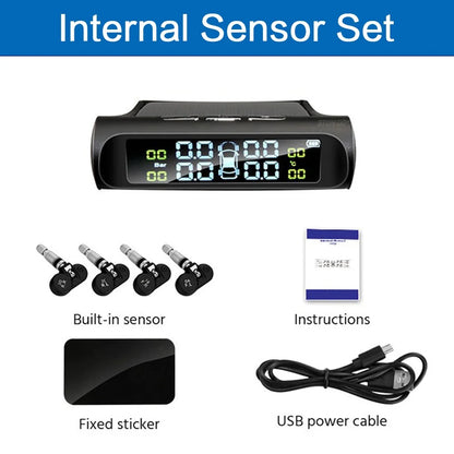 Solar Car TPMS, LCD Display Tire Pressure Monitor with USB Charging, External/Internal Sensor, Auto Alarm, Digital TPMS for Car