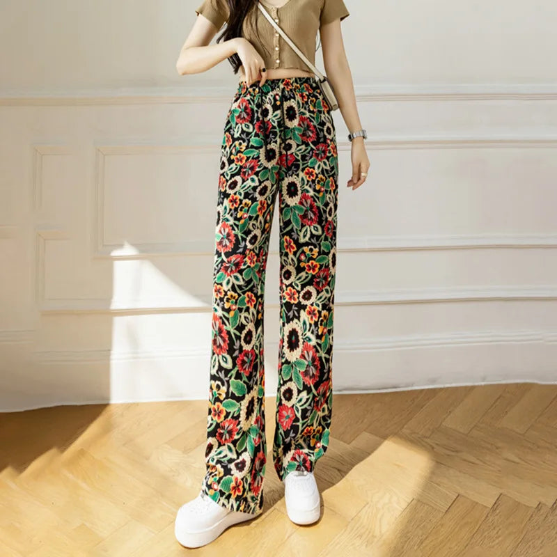 Summer Casual Loose Wide Leg Pants Women's Tie Dye Ink Ice Silk Loose Leopard Print Ethnic Style Long Pants Casual Trousers
