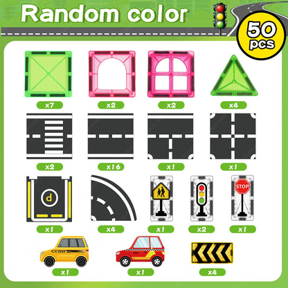 Magnetic City Road Building Set with Magnetic Signs & Toy Cars, Kids STEM Educational Toy. Safe Magnetic Blocks for Boys & Girls