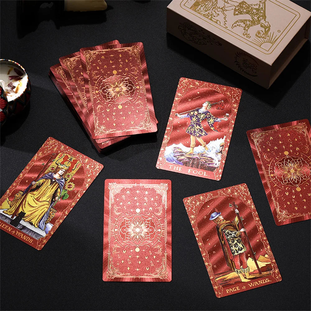 7*12cm Premium Red Gold Foil Tarot Cards PVC Glitter Laser Holographic Divination Deck with Guidebook Luxury Gift Box Board Game