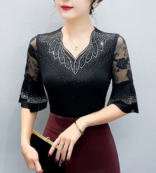 2026 Spring Summer Mesh Tops Korean Fashion Diamond T Shirt Slim 3/4 Sleeve Hollow Out Casual Women Shirt
