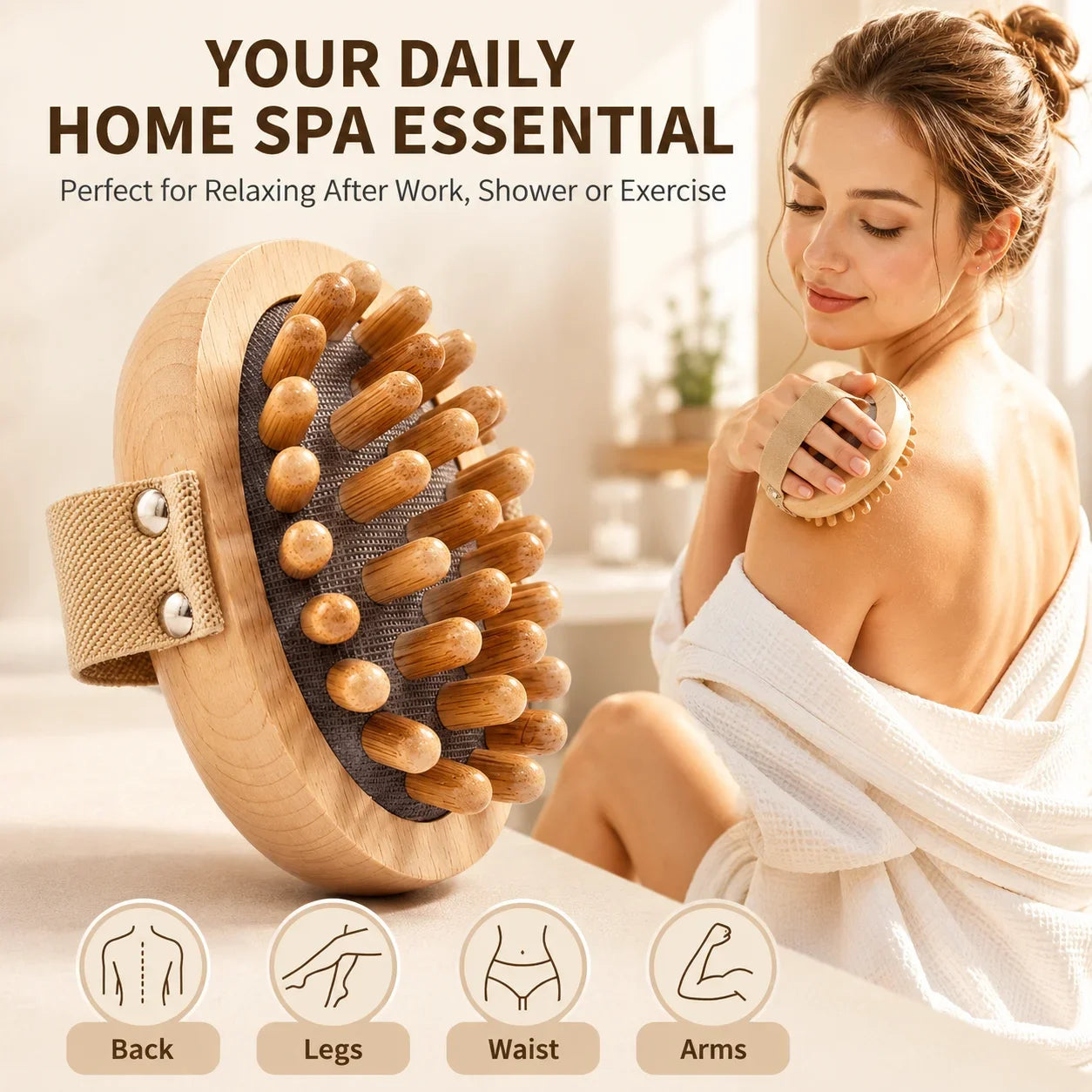 Wooden Body Massage Brush Handheld Massager with Strap, Natural Wood Massage Tool for Back Legs Waist Relaxation Home Spa Care