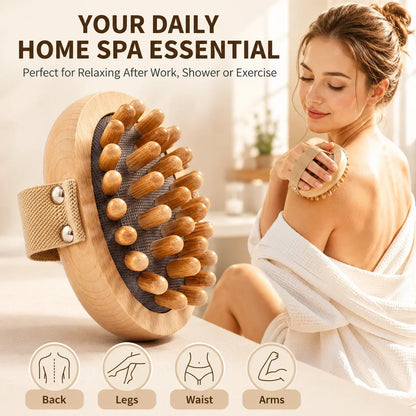 Wooden Body Massage Brush Handheld Massager with Strap, Natural Wood Massage Tool for Back Legs Waist Relaxation Home Spa Care