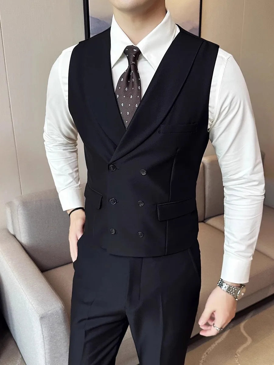 British Style Men's Business Double Row Button Suit Vest Casual Slimming Wedding Best Man Clothes Fashionable Plain Color