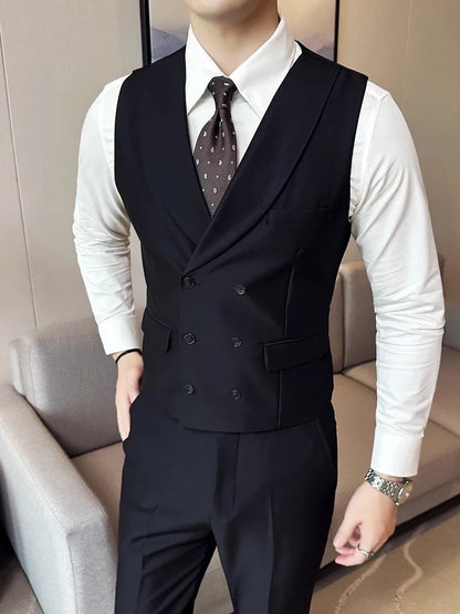 British Style Men's Business Double Row Button Suit Vest Casual Slimming Wedding Best Man Clothes Fashionable Plain Color
