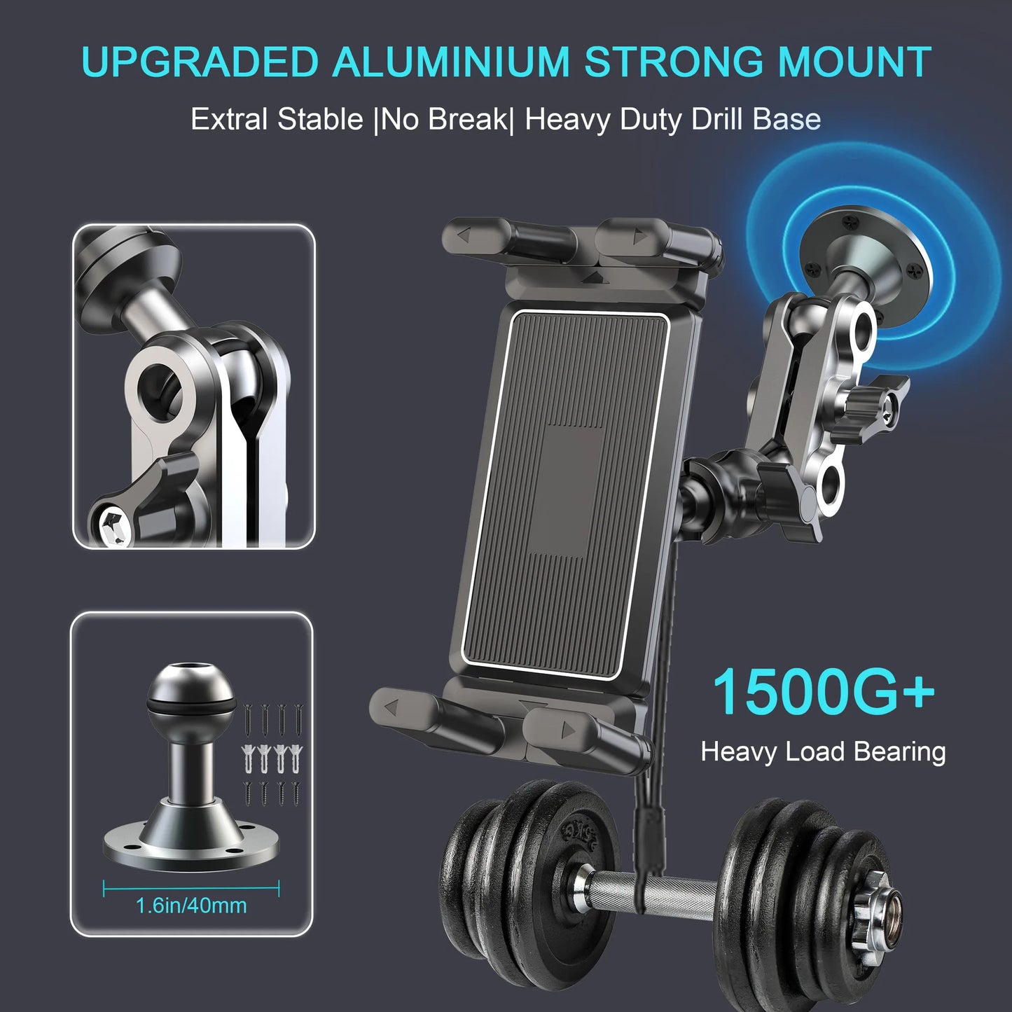 Heavy Duty Tablet Holder Wear Resist 2-Stage Phone Stand 360 Degree Rotable Car Dashboard Phone Mount for Car Bike Boats Trucks