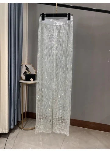Black Trousers Y2k Pants Club Party Women's Sexy Cutout AB Color Diamond Sparkling Mesh Leggings Slim Fit Diamond Trousers