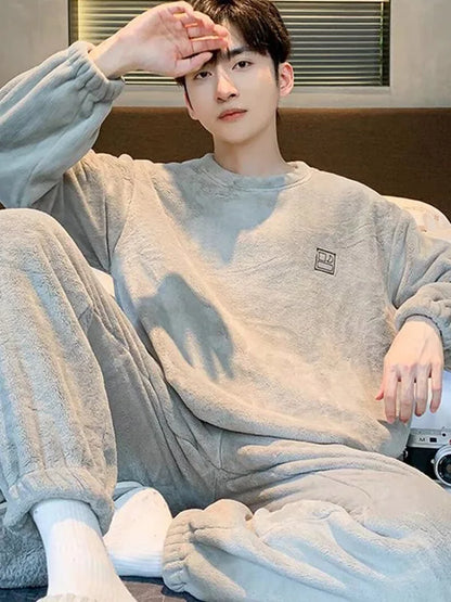 Men's Warm Coral Fleece Pajamas Winter Set Spring Autumn Winter Style Oversize Loose Fit Home Clothes Teenager Comfortable Sl...