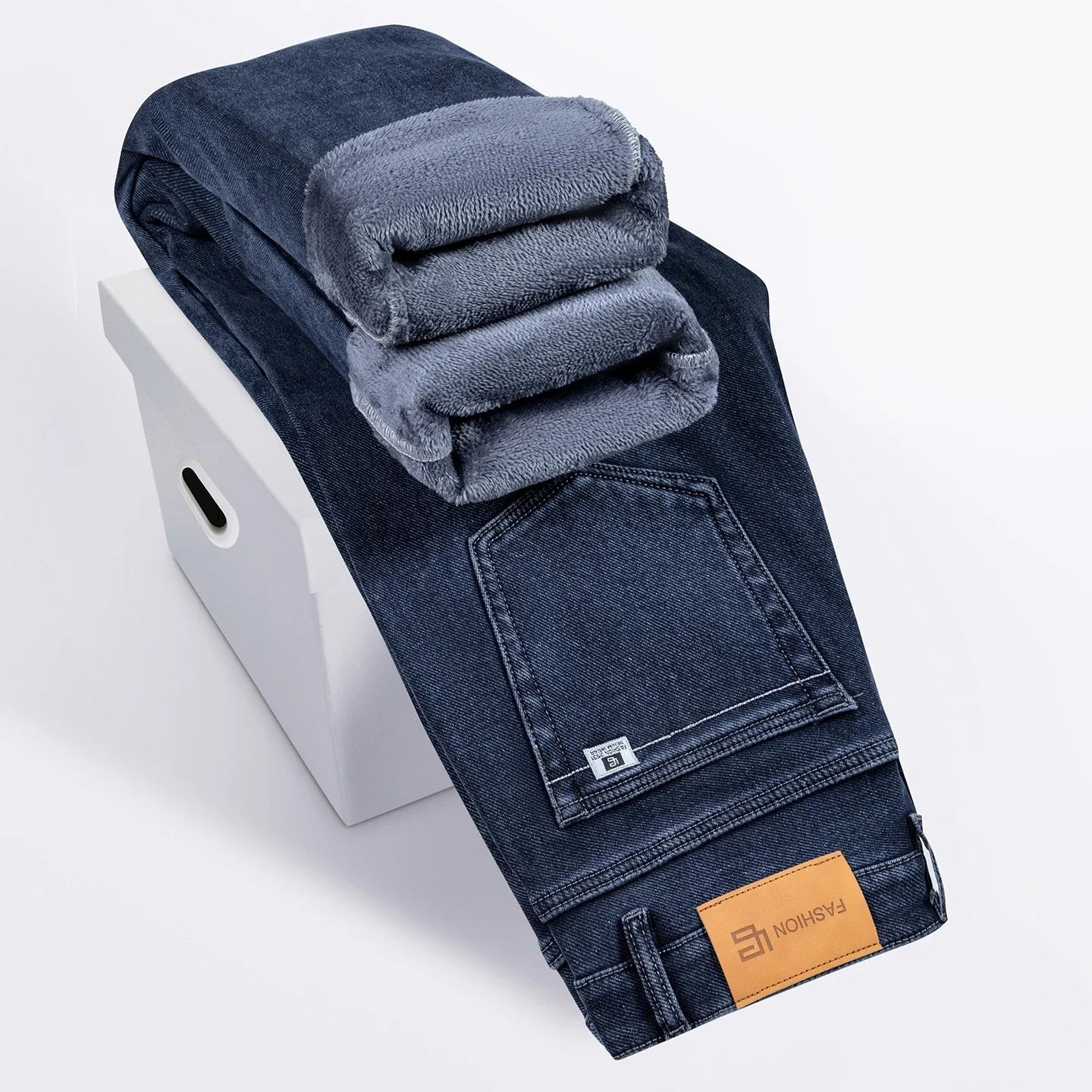 Winter Fleece Thickened Warm Men's Jeans Retro Blue Velvet Straight Leg Length Nine-point Denim Trousers Lined Wool  Pants