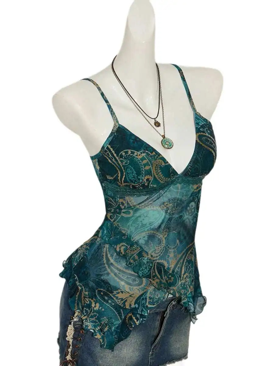 Fashionable Sexy Strap Vest Women's Slimming Print Mesh Top Versatile Stylish New Arrival Summer Season Other Material 100%