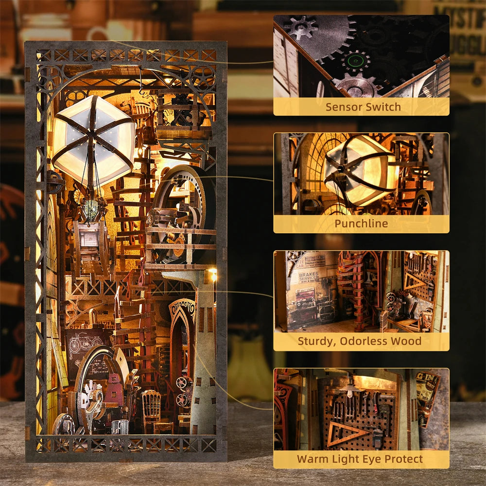 Book Nook Kit The Creation Room DIY Wooden Puzzle Workshop Balloon Ship Bookshelf Dollhouse Model Bookend Building Home Deco