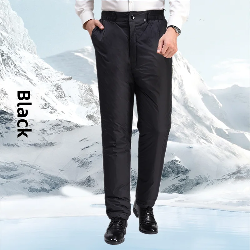 Men's down Pants Thick Warm Cold Resistant Elastic Waist Cotton Pants Outdoor Wear Loose White Duck down Middle Age Dad Pants