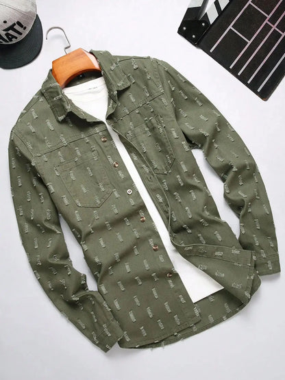 Men's Army Green Textured Ripped Long-Sleeve Denim Shirt, Vintage Casual Lapel Workwear Shirt with Chest Pocket