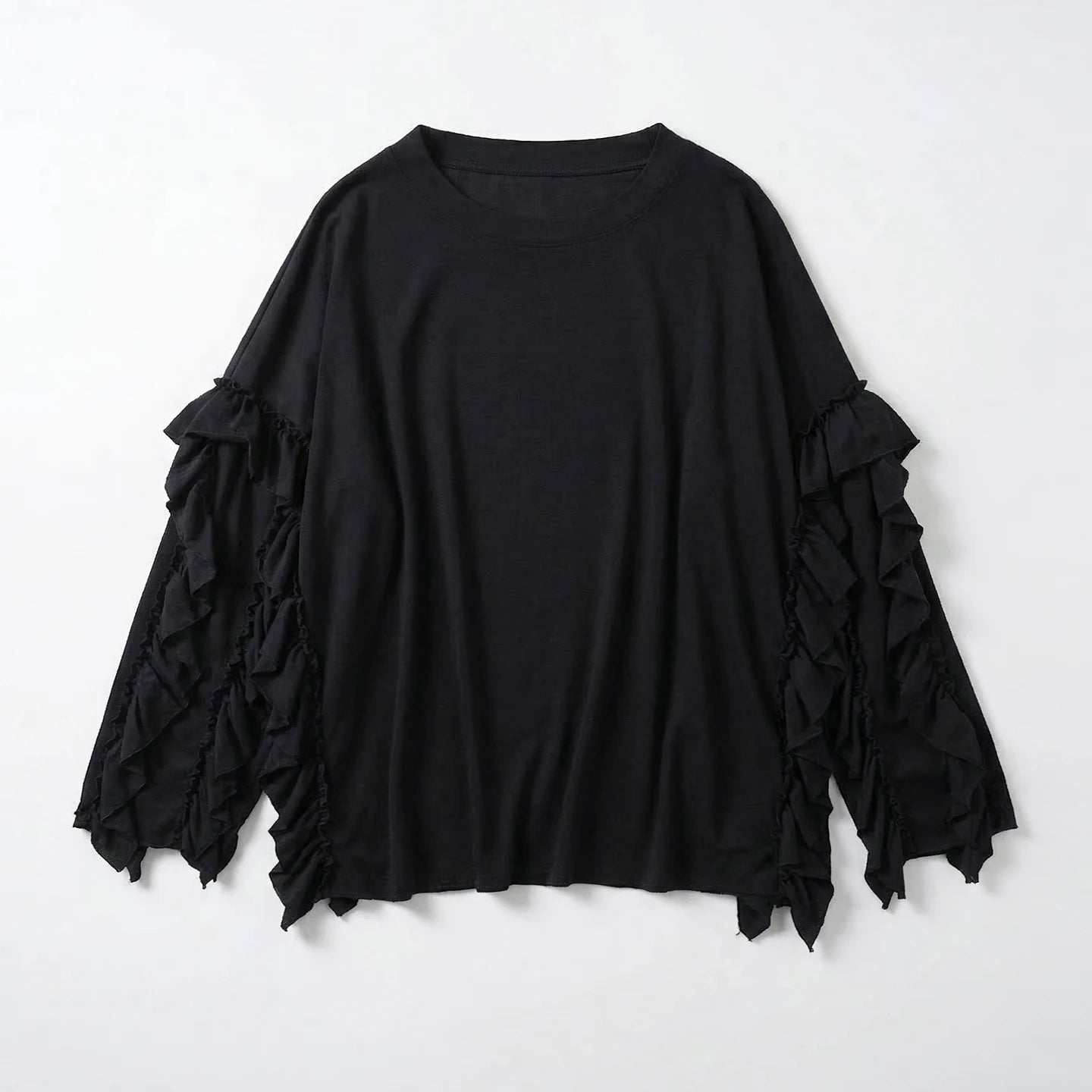 IMAKOKONI Oversized Ruffle Sleeve Black T-Shirt Women Crew Neck Loose Casual Tops Street Style 255349
