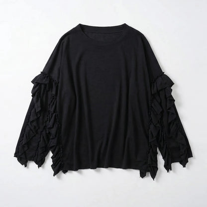 IMAKOKONI Oversized Ruffle Sleeve Black T-Shirt Women Crew Neck Loose Casual Tops Street Style 255349