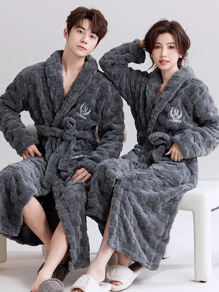 Thiened Coral Fce Robe Long Plu Spwear for Couples Autumn Winter Sle Home Clothes Outerwear Polyester Fiber