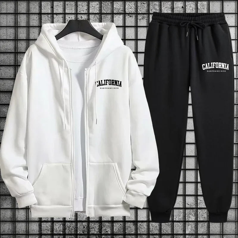 Autumn Winter Sportswear California Mens Sporty Tracksuit Set 2026 New 2 Pieces Zipper Hoodie Sweatpants Urban Streetwear Outfit