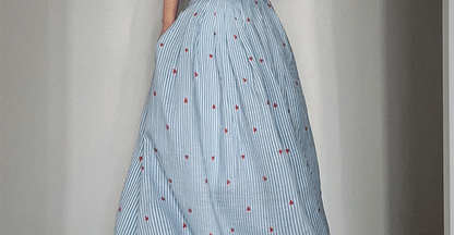 Blue Striped Linen Set Women's Long Sleeve Heart Print Blouse Half Skirt Two Piece Set Summer Fashion Ensemble for Young Women