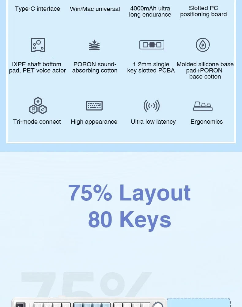 AULA Mechanical Keyboard F75 Three Modes Gaming Mechanical Keyboard Multi-function Knob Can Switch Between Game/Office Modes
