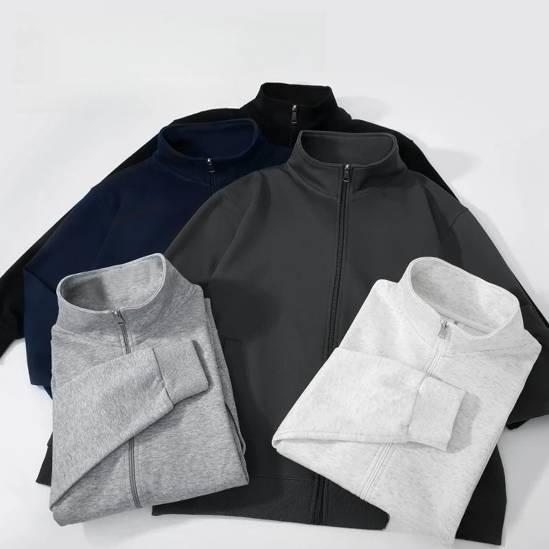 300g Premium China Cotton Zip Up Hoodie Solid Color Stand Collar Casual Unisex Streetwear Jacket for Spring Autumn