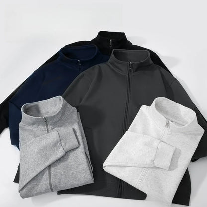 300g Premium China Cotton Zip Up Hoodie Solid Color Stand Collar Casual Unisex Streetwear Jacket for Spring Autumn