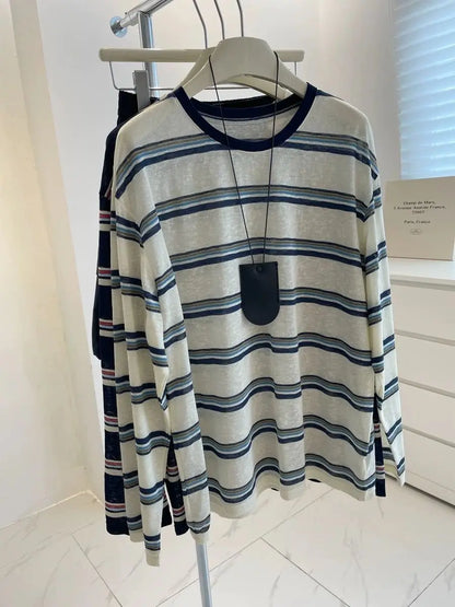 plus Size Women's Striped Long Sleeve T-Shirt Summer New Style Slimming Meat Covering Casual Loose Fit Printed Sweat Wicking