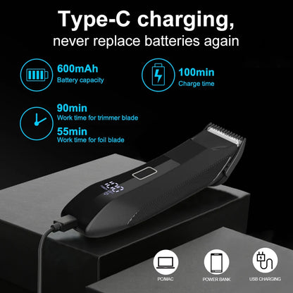 IPX6 Waterproof 2-in-1 Groin/Body Trimmer - SkinSafe Dual Head Foil Blades, Wet&Dry Cordless Groomer with USB-C Fast Charging