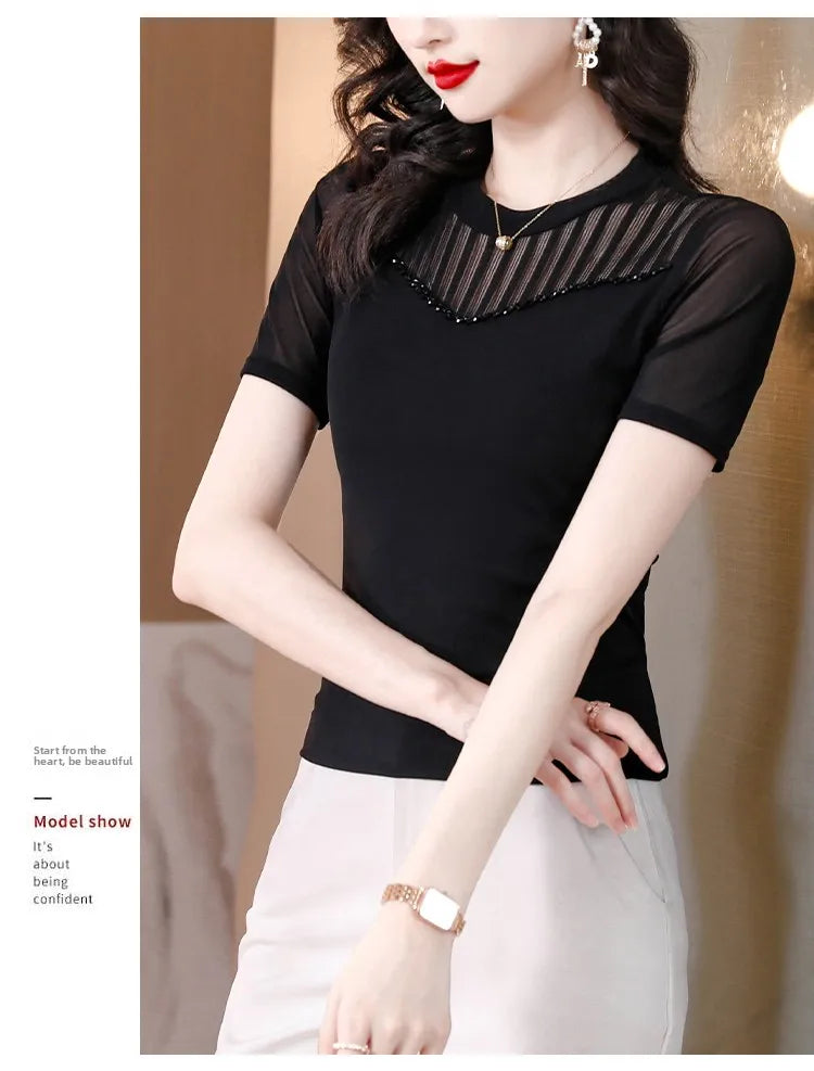 Lace Short Sleeve Slim Fit T-Shirt Women's Summer New Netting Thin Style round Neck Regular Length Pure Color Commute Style