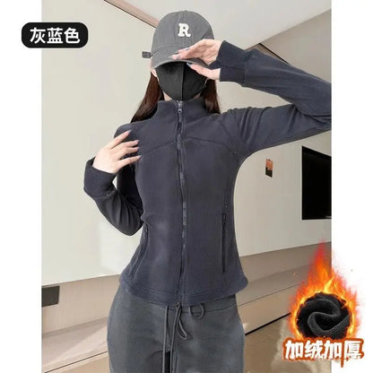 Women's Slim Fit Fleece Lined Short Cardigan Sweater Stand Collar Thickened Waist Shaping Autumn Winter Fashion Outerwear